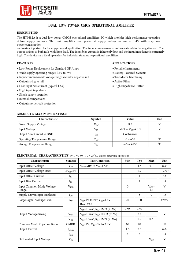 HT6482A DUAL LOW POWER CMOS OPERATIONAL AMPLIFIER by HTCSEMI - Datasheet Preview