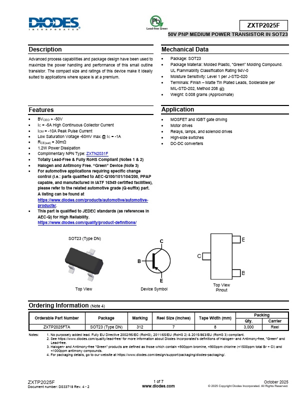 ZXTP2025F 50V PNP MEDIUM POWER TRANSISTOR by DIODES - Datasheet Preview