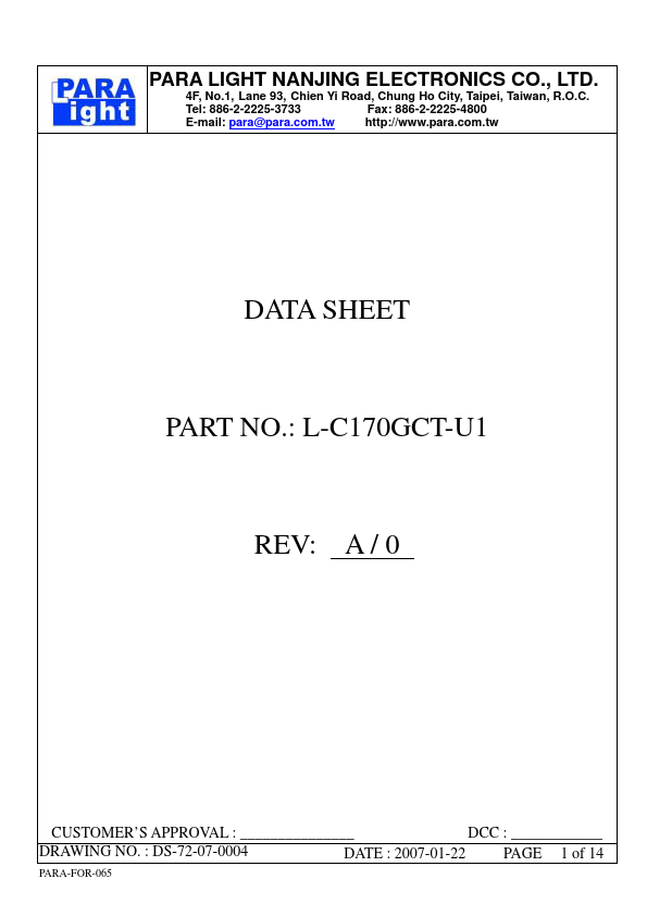 L-C170GCT-U1 SURFACE MOUNT DEVICE LED by PARA LIGHT - Datasheet Preview