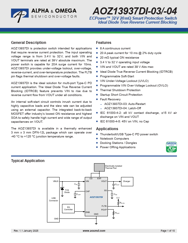 AOZ13937DI-04 32V Smart Protection Switch by Alpha & Omega Semiconductors - Datasheet Preview