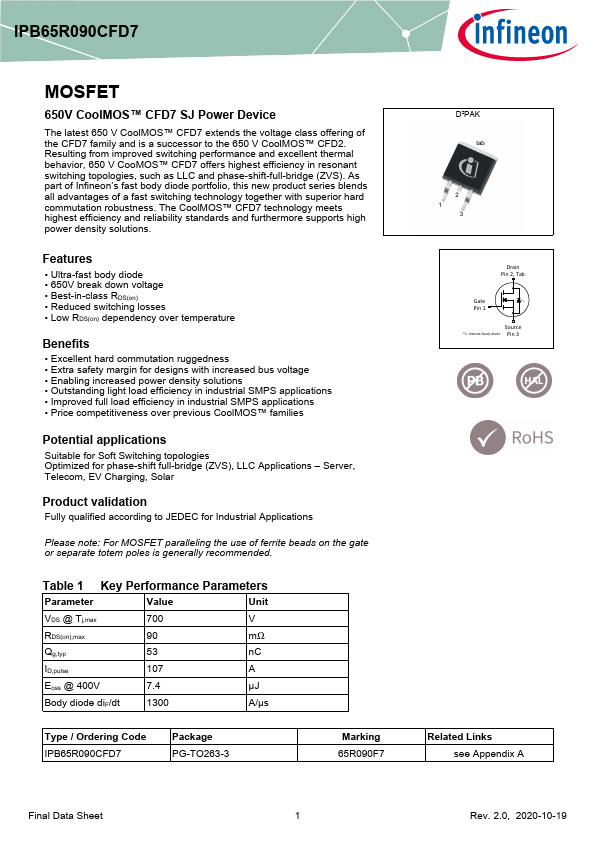 IPB65R090CFD7 Datasheet Preview