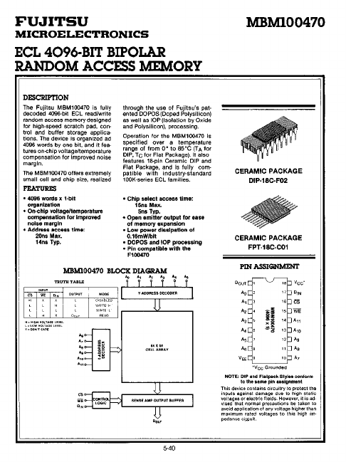 MBM100470 ECL RAM by Fujitsu - Datasheet Preview