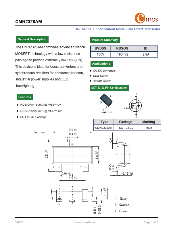 CMN2328AM N-Channel Enhancement Mode Field Effect Transistor by Cmos - Datasheet Preview