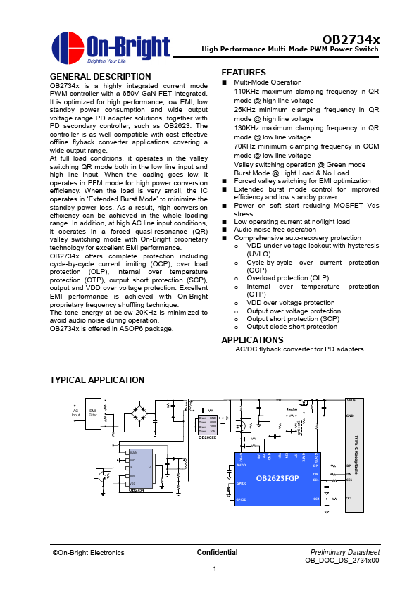 OB2734D High Performance Multi-Mode PWM Power Switch by On-Bright Electronics - Datasheet Preview