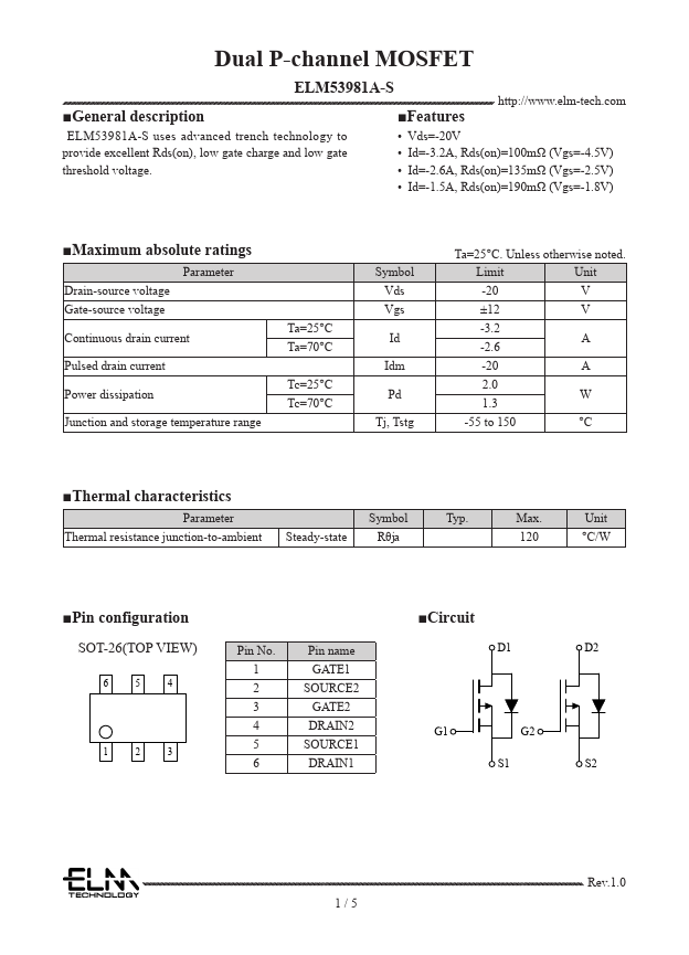 ELM53981A-S Dual P-channel MOSFET by ELM - Datasheet Preview