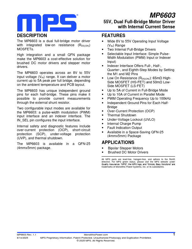 MP6603 55V Dual Full-Bridge Motor Driver by MPS - Datasheet Preview