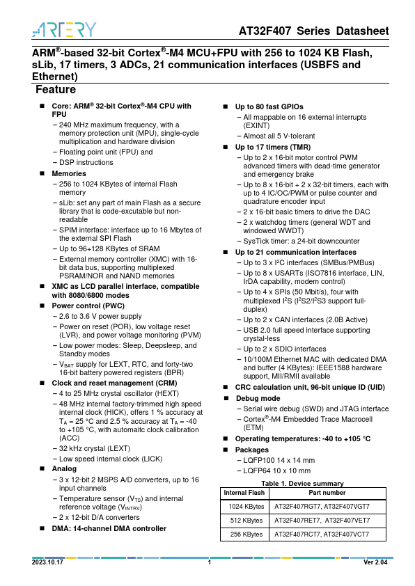 AT32F407VCT7 datasheet page 1 preview