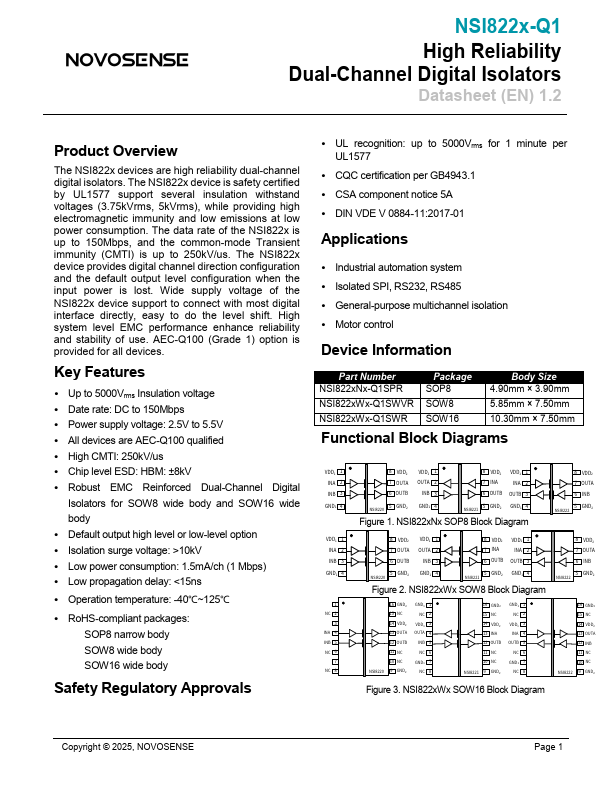 NSI8222-Q1 High Reliability Dual-Channel Digital Isolators by NOVOSENSE - Datasheet Preview