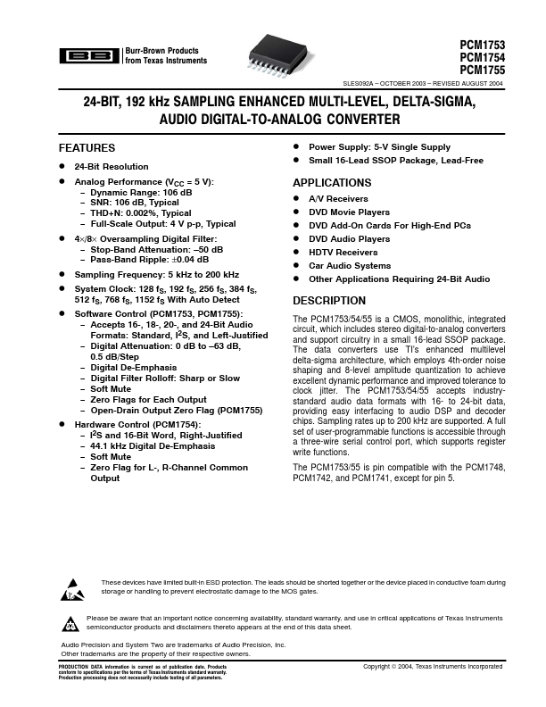 PCM1753 24-Bit Audio DIGITAL-TO-ANALOG CONVERTER by Burr-Brown - Datasheet Preview