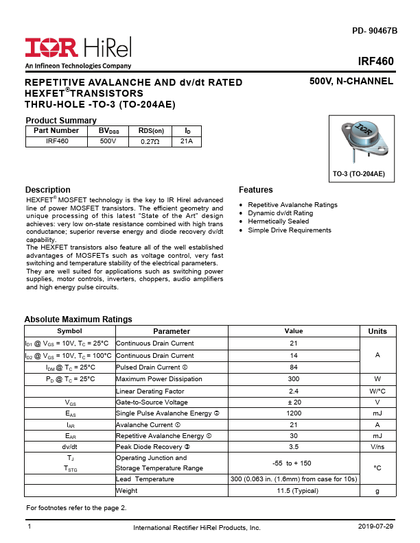 IRF460 Datasheet Preview