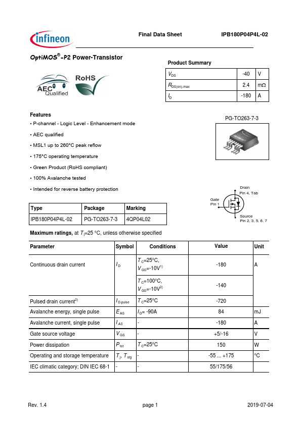IPB180P04P4L-02 Datasheet Preview