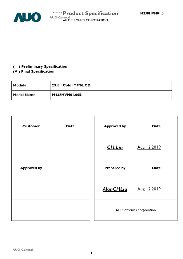 M238HVN01.00E Datasheet Preview