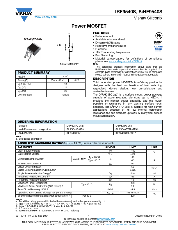 SiHF9540S Power MOSFET by Vishay Siliconix - Datasheet Preview