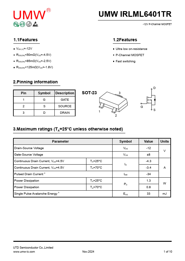IRLML6401TR Datasheet Preview