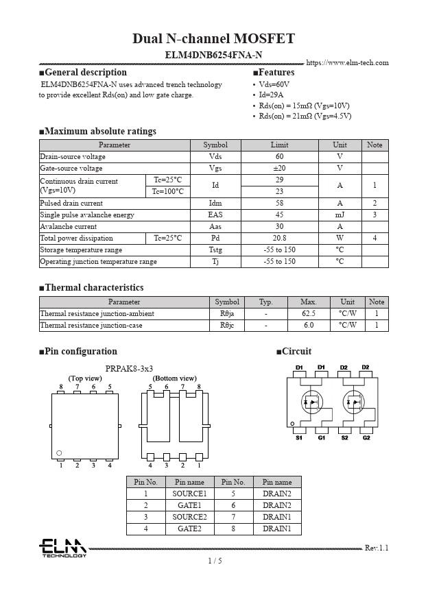ELM4DNB6254FNA-N Dual N-channel MOSFET by ELM - Datasheet Preview