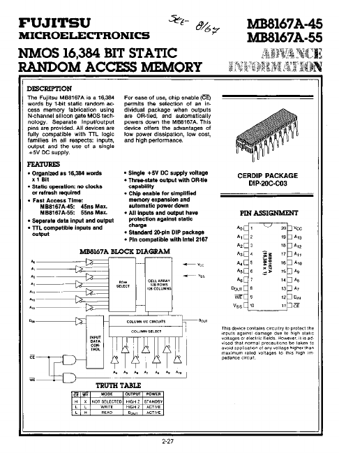 MB8167A-45 NMOS STATIC RANDOM ACCESS MEMORY by Fujitsu - Datasheet Preview