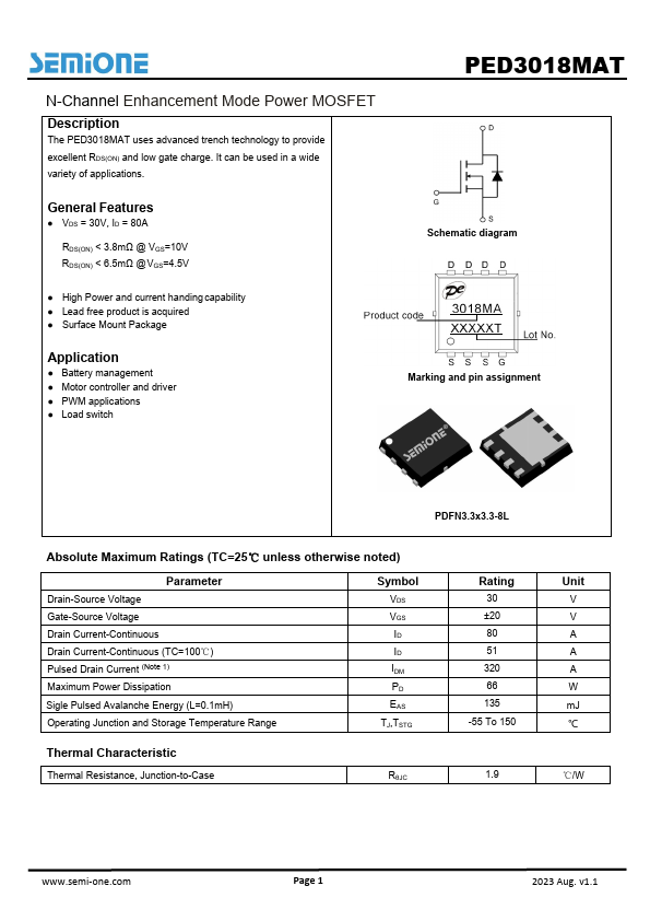 PED3018MAT N-Channel Enhancement Mode Power MOSFET by semi one - Datasheet Preview