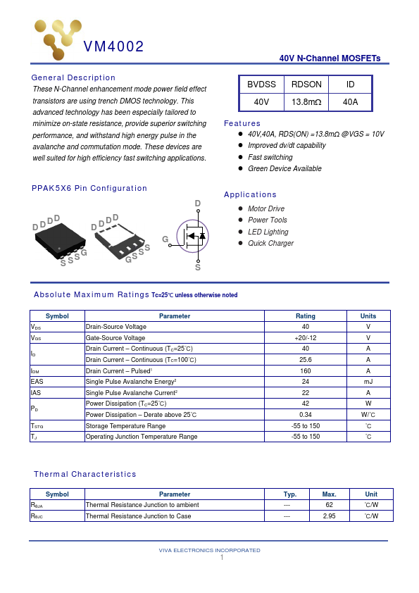 VM4002 40V N-Channel MOSFET by Viva Electronics - Datasheet Preview