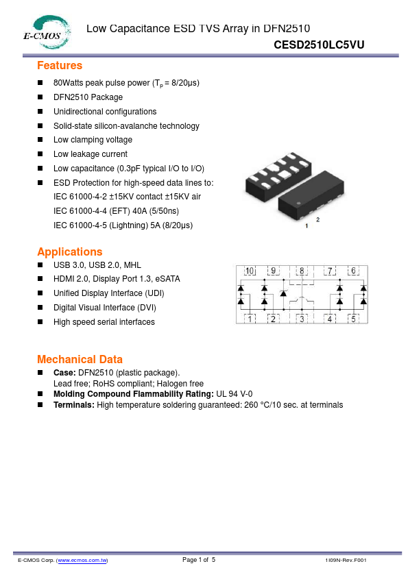 CESD2510LC5VU Low Capacitance ESD TVS Array by E-CMOS - Datasheet Preview