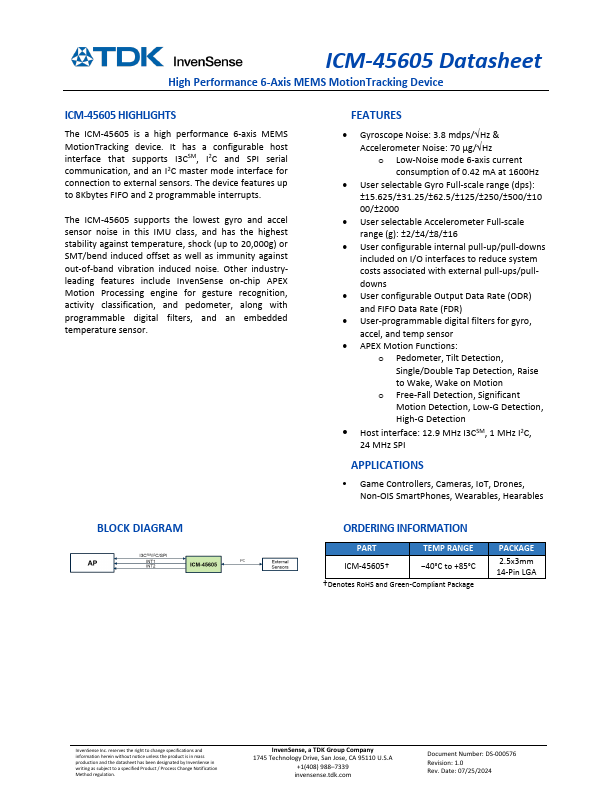 ICM-45605 High Performance 6-Axis MEMS MotionTracking Device by TDK - Datasheet Preview