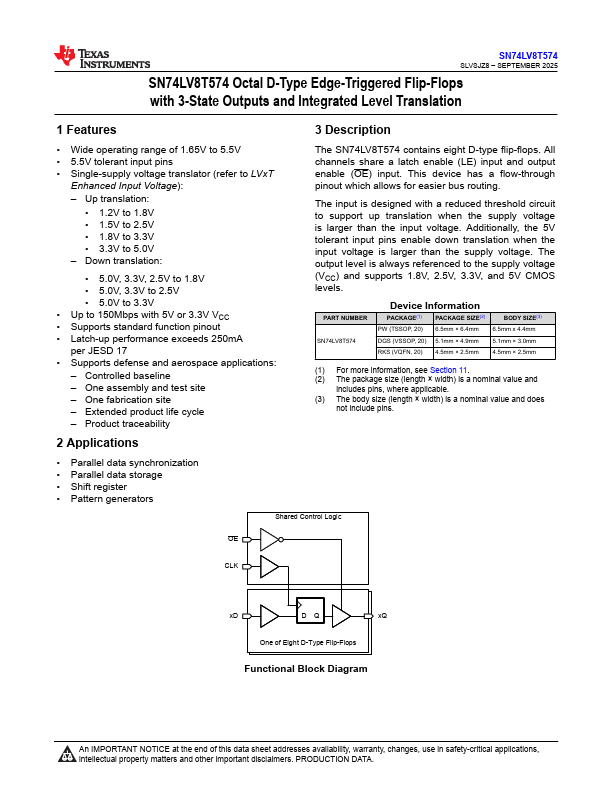 SN74LV8T574 Octal D-Type Edge-Triggered Flip-Flops by Texas Instruments - Datasheet Preview