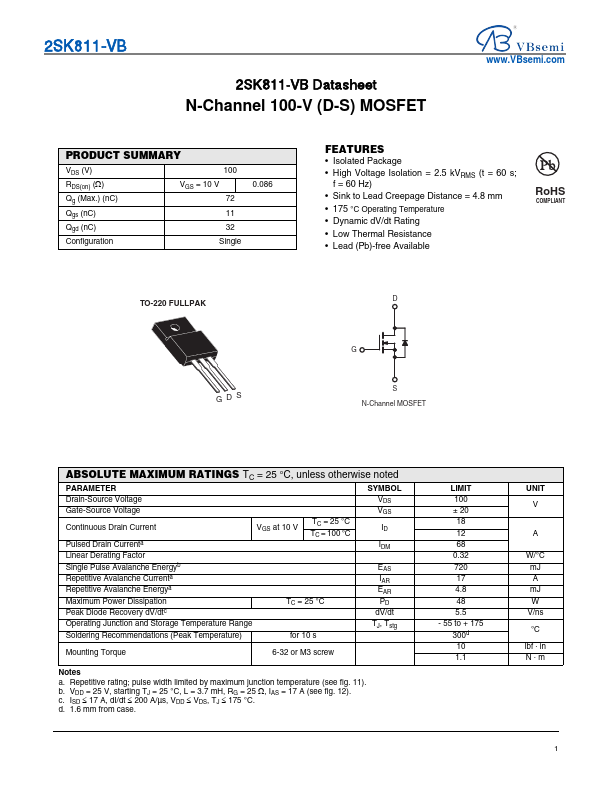 2SK811 N-Channel 100V MOSFET by VBsemi - Datasheet Preview