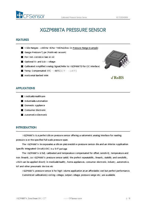 XGZP6887A Calibrated Pressure Sensor by CFSensor - Datasheet Preview