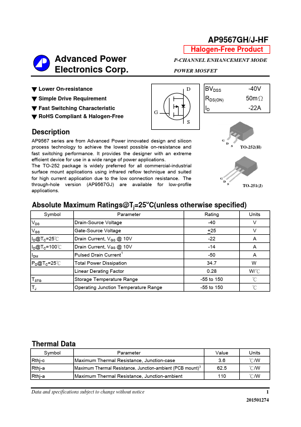 AP9567GJ-HF P-CHANNEL ENHANCEMENT MODE POWER MOSFET by Advanced Power Electronics - Datasheet Preview