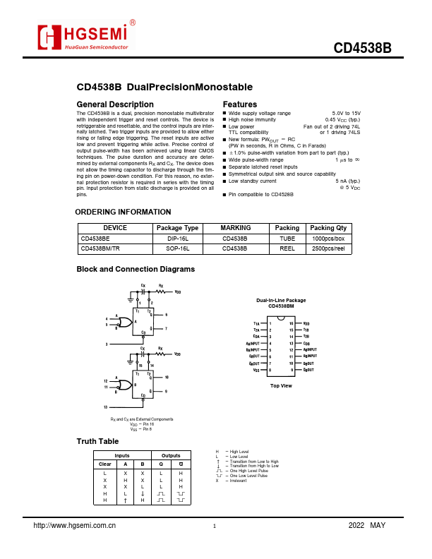 CD4538BM Dual Precision Monostable Multivibrator by HGSemi - Datasheet Preview
