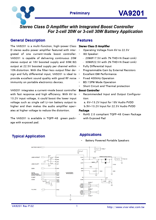 VA9201 Stereo Class D Amplifier by Viva Electronics - Datasheet Preview