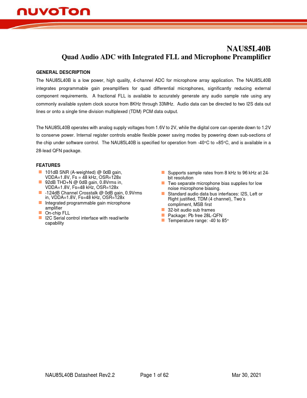 NAU85L40B Quad Audio ADC by nuvoton - Datasheet Preview