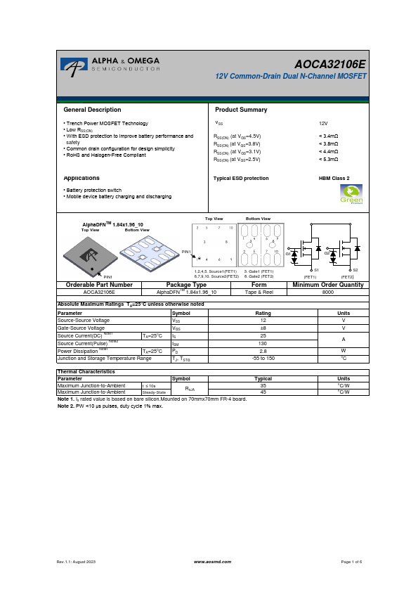 AOCA32106E 12V Common-Drain Dual N-Channel MOSFET by Alpha & Omega Semiconductors - Datasheet Preview