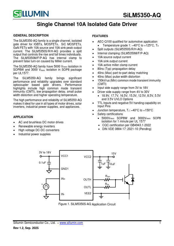 SiLM5350-AQ Single Channel 10A Isolated Gate Driver by Sillumin - Datasheet Preview