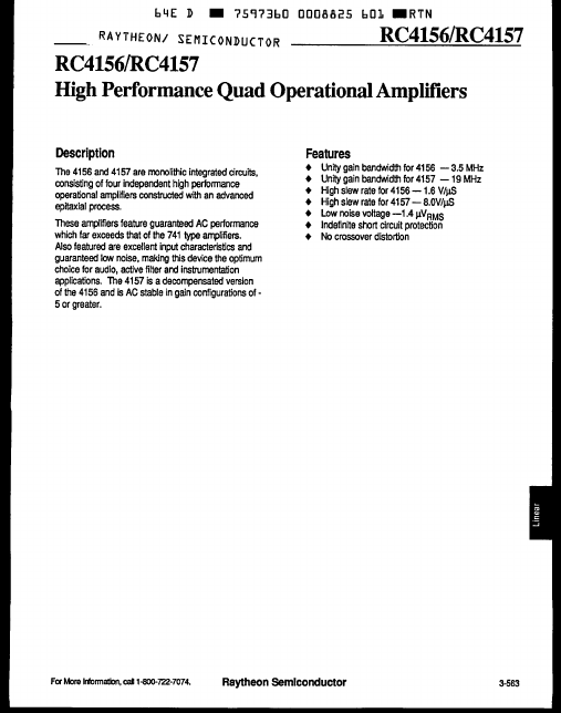 RC4157 High Performance Quad Operational Amplifiers by Raytheon - Datasheet Preview