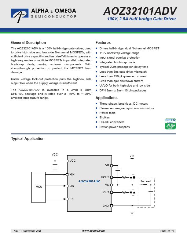 AOZ32101ADV 100V 2.5A Half-bridge Gate Driver by Alpha & Omega Semiconductors - Datasheet Preview