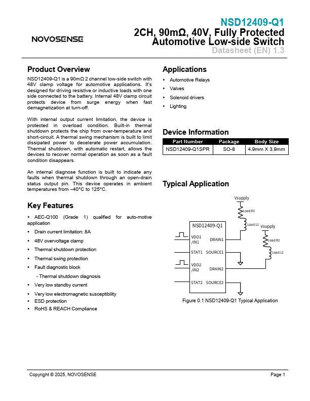 NSD12409-Q1 2CH 40V Fully Protected Automotive Low-side Switch by NOVOSENSE - Datasheet Preview