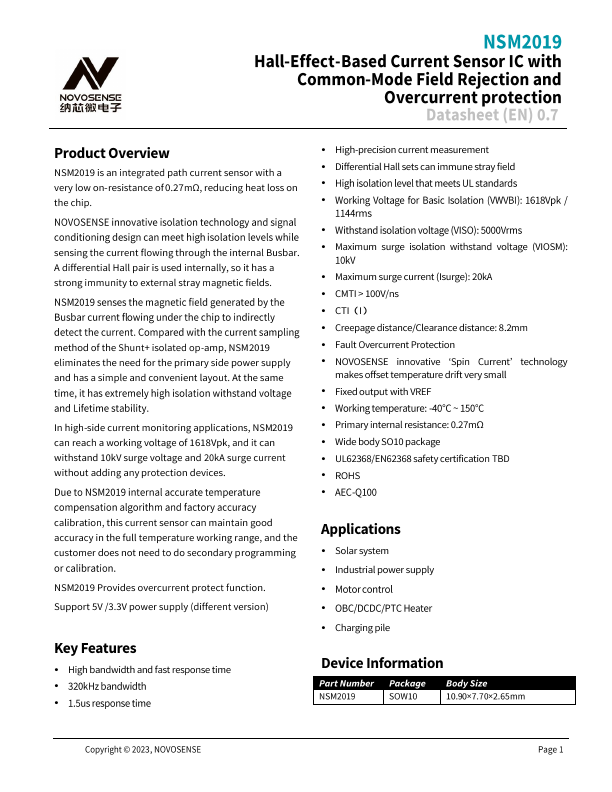 NSM2019 Hall-Effect-Based Current Sensor IC by NOVOSENSE - Datasheet Preview