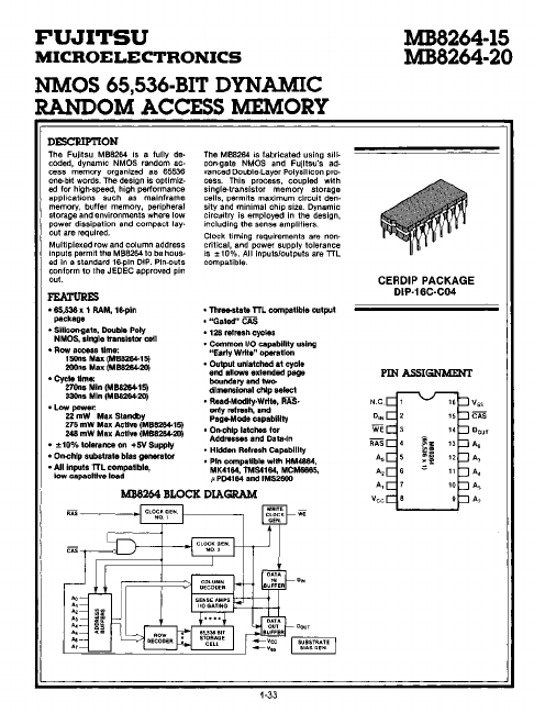 MB8264-20 NMOS Dynamic Random Access Memory by Fujitsu - Datasheet Preview