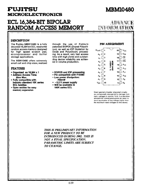 MBM10480 ECL RAM by Fujitsu - Datasheet Preview
