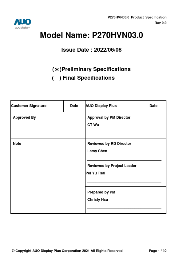 P270HVN03.0 Datasheet Preview