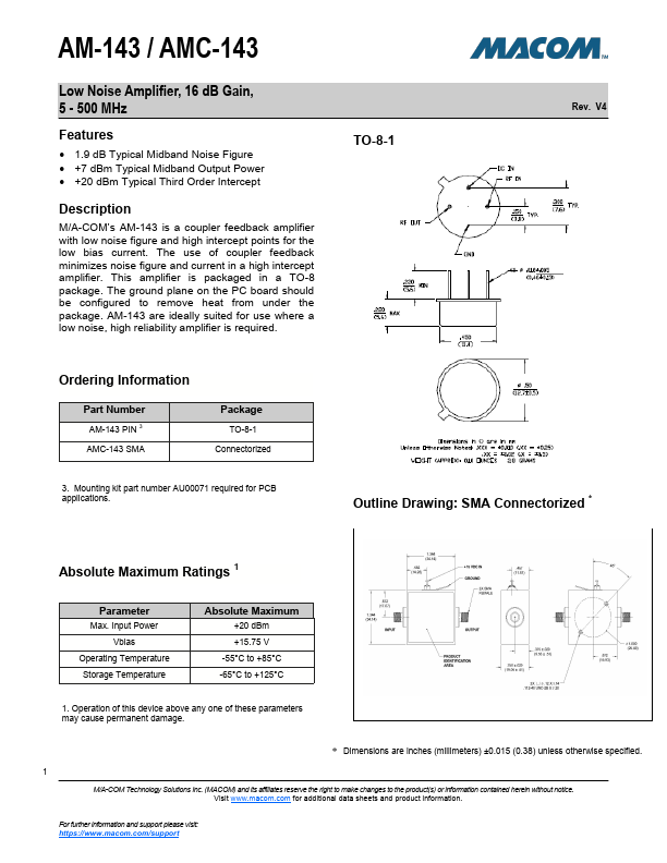 AMC-143 Low Noise Amplifier by MACOM - Datasheet Preview