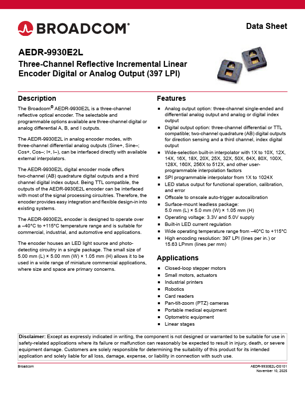 AEDR-9930E2L Three-Channel Reflective Incremental Linear Encoder by Broadcom - Datasheet Preview