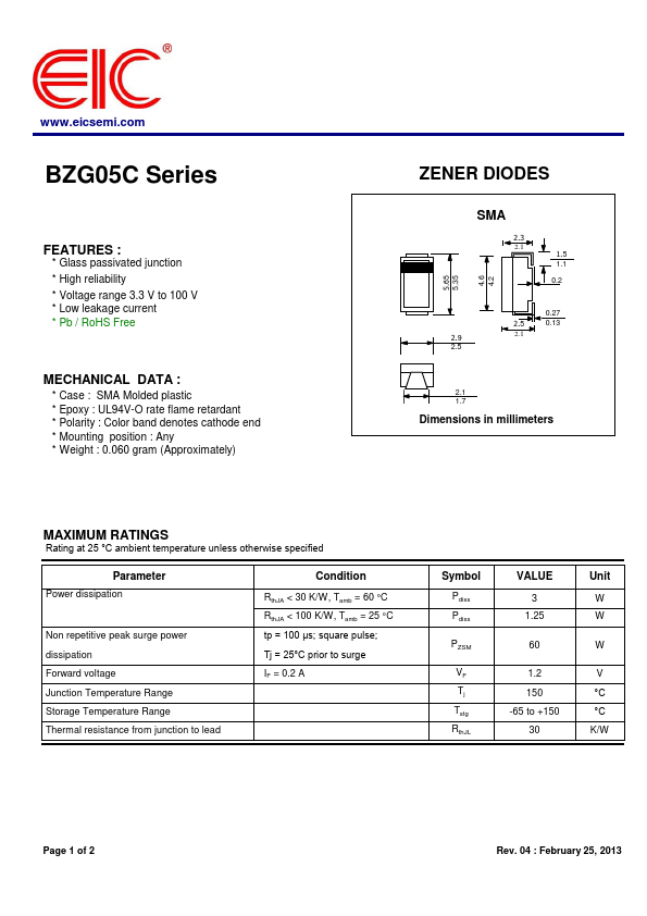 BZG05C11 ZENER DIODES by EIC - Datasheet Preview