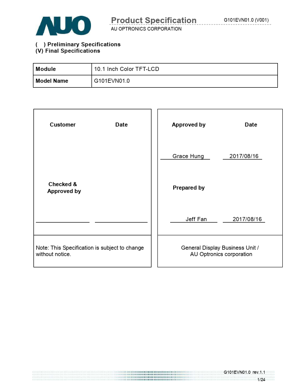 G101EVN01.0 Datasheet Preview