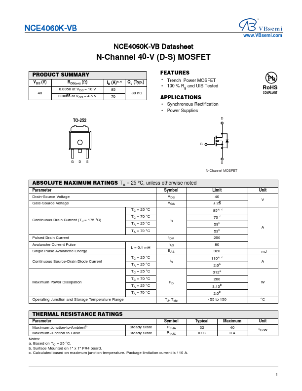 NCE4060K N-Channel 40V MOSFET by VBsemi - Datasheet Preview