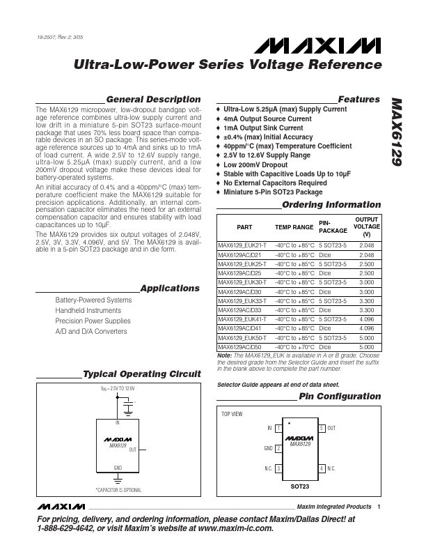 MAX6129 Ultra-Low-Power Series Voltage Reference by Maxim Integrated - Datasheet Preview