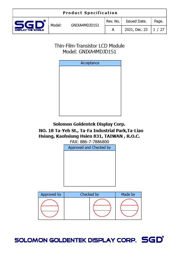 GNIXA4MDJD1S1 Thin-Film-Transistor LCD Module by SGD - Datasheet Preview