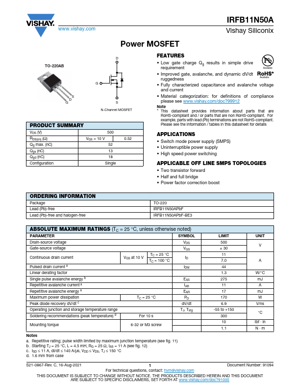 IRFB11N50A Datasheet Preview