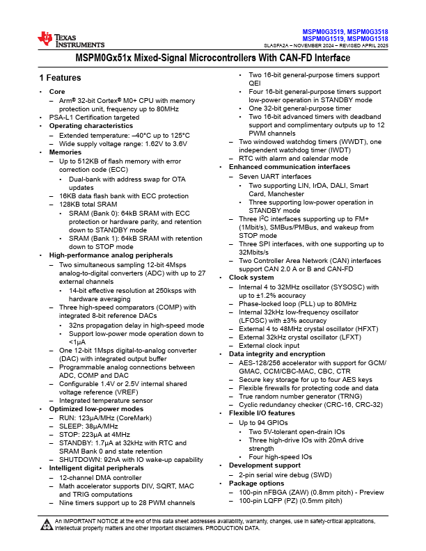 MSPM0G1519 Datasheet Preview