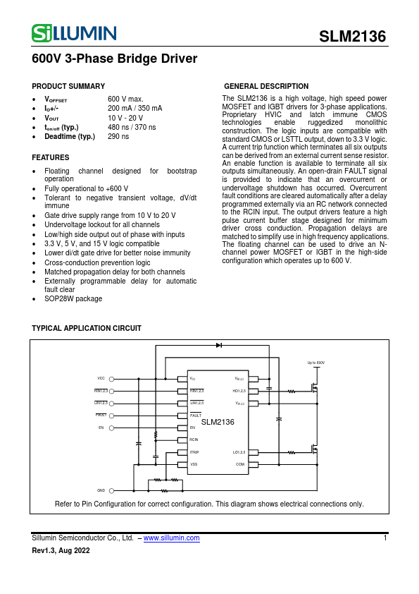 SLM2136 600V 3-Phase Bridge Driver by Sillumin - Datasheet Preview
